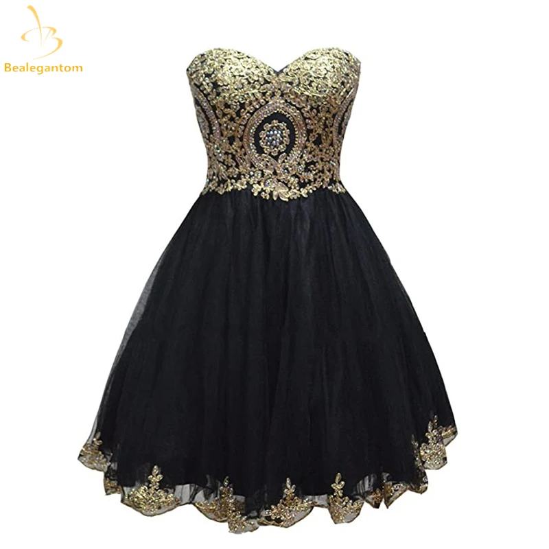 Bealegantom abiti corti per il ritorno a casa Sweetheart Gold Applique Tulle paillettes Mini Prom Party Cocktail Gown Vestidos De Graudation