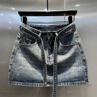 Oversize Retro Diamond Denim Mini Skirt for Women Summer High Waist Shiny Rivet Slim Skirts Gradient Black Grey Jean Skirts - Image 2