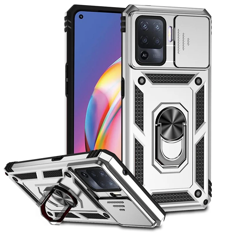 Shockproof Armor Case with Metal Ring Holder and Slide Lens Protector Cover