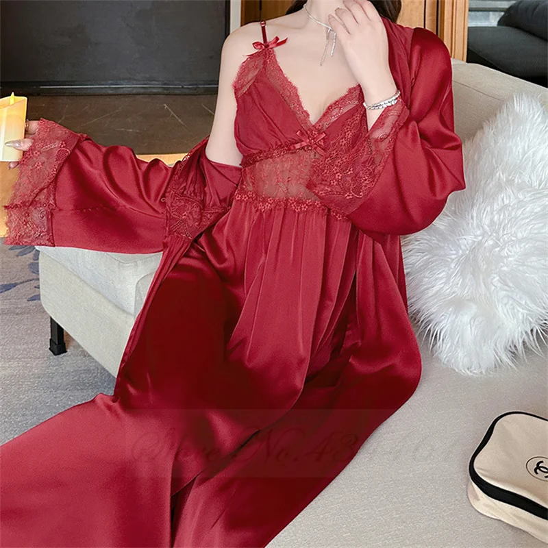 Female Sexy Lace Long Nighty&Robe Set Nightgown Spring Autumn Sleepwear Suspender Nightdress Intimate Lingerie Satin Homewear