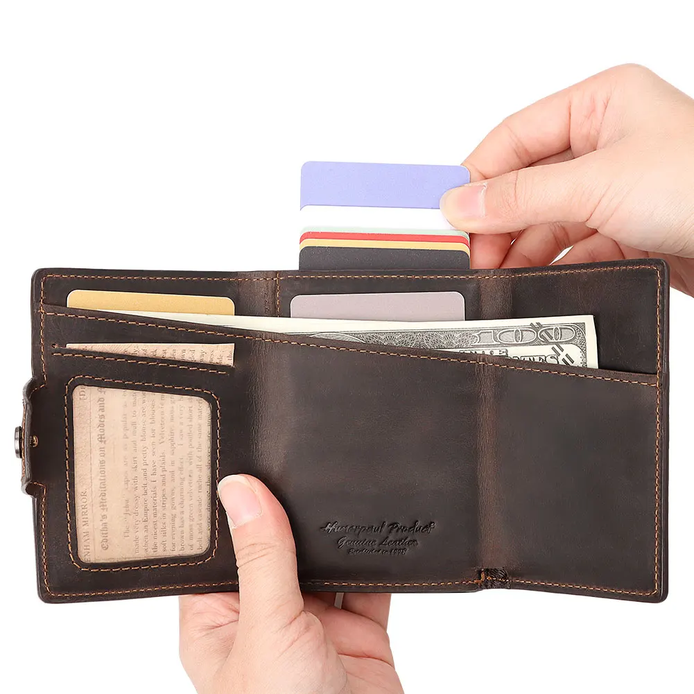 Free Engraving Cowhide Leather Men's Wallet RFID Blocking Protect Cardholder Automatic Card Case for Women with Apple AirTag