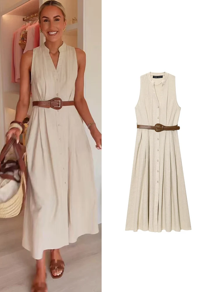 TFMLN Elegant Women's Dresses New 2025 Solid Sleeveless Midi Dress Belt Decoration Casual Fashionable Versatile Summer Outfit