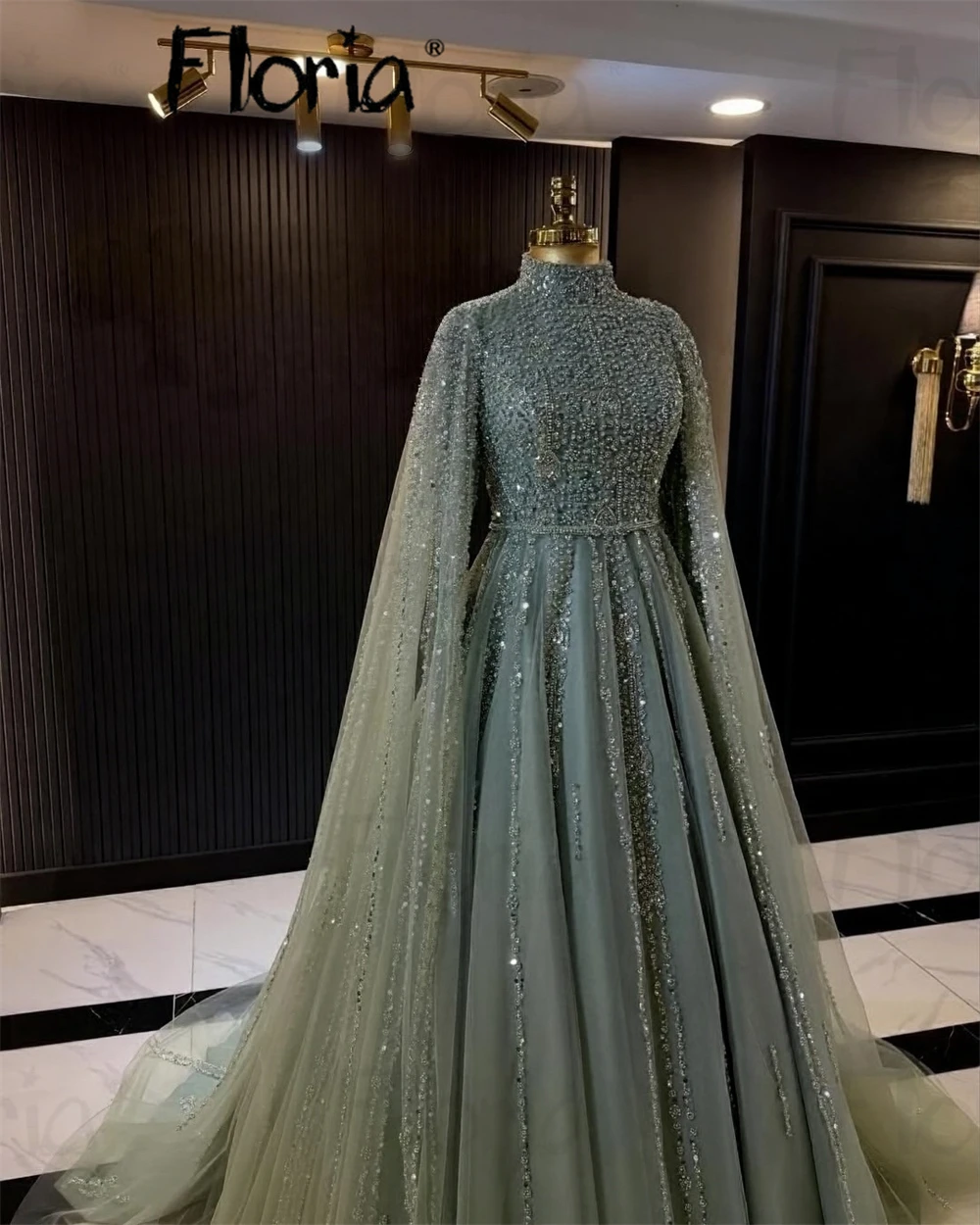 green emerald velvet dress Modest Muslim Women’s Embellished Elegant Draped Sleeve Evening Dress