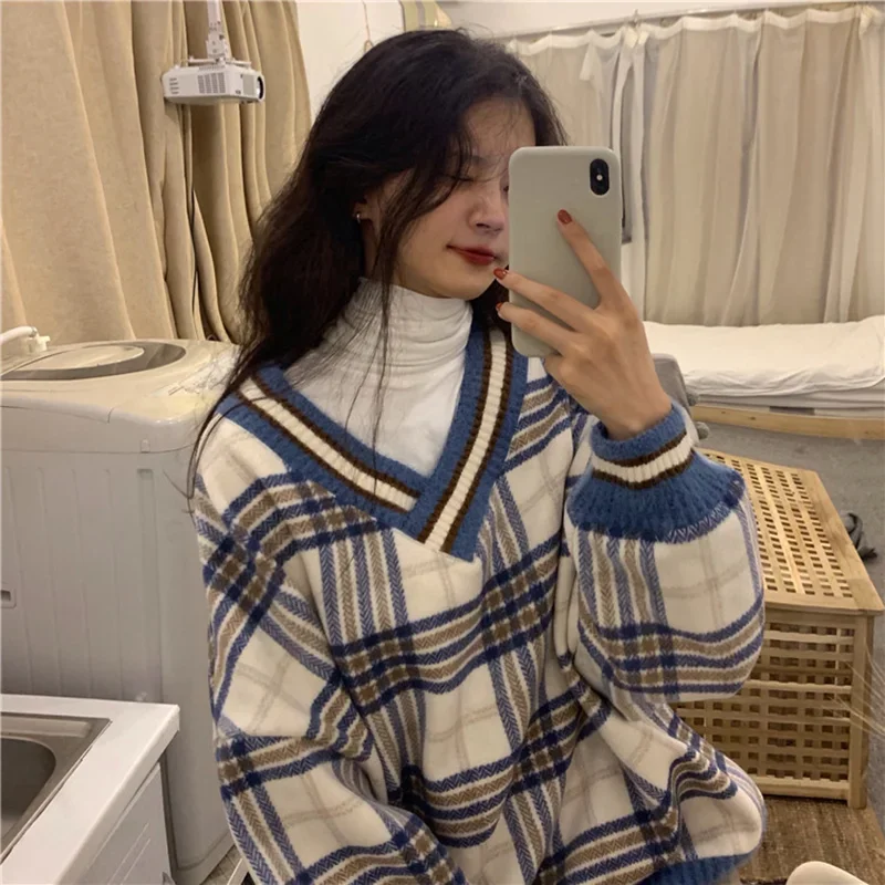 Women's V-Neck Long Sleeve Plaid Sweet Sweatshirt Tops 2024 New Loose Retro Korean Pullover Female College Style Lazy Jumper Ins