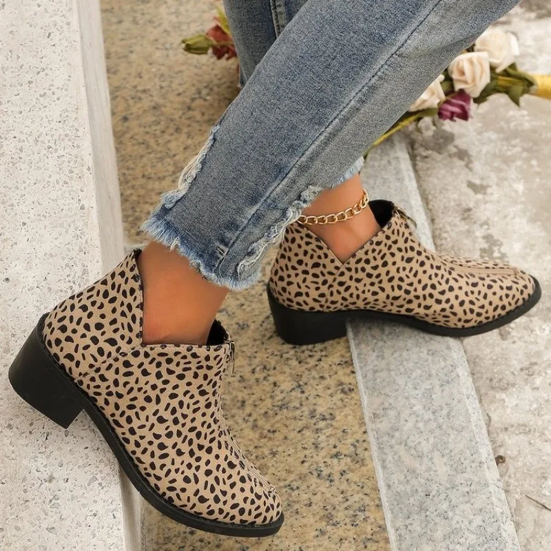 Autumn/Winter New Trade Women's Single Boot Large Leopard Print Front Zipper Square Heel Short Boots for Women Plus Size 42