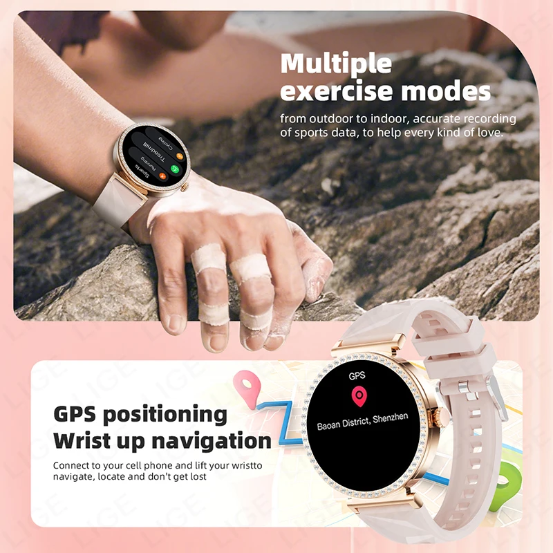 LIGE 2025 GPS Track Women Smart Watch Sports Heart Rate BT Calling AI Voice Ladies Fashion Diamond Smartwatch For Huawei Xiaomi
