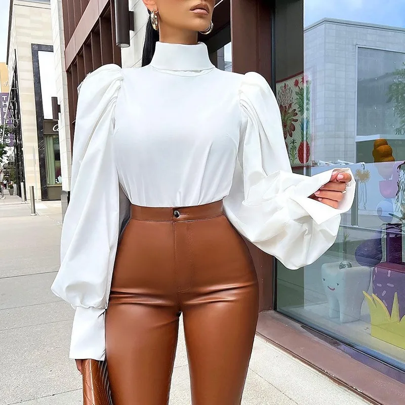 

Женская водолазка с длинным рукавом-фонариком, однотонный Повседневный Топ, весна-лето 2024