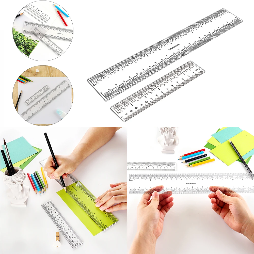 12 inch Zero-Centering Clear Acrylic Ruler 6 inch Dual Side Measuring Ruler-cm  and inch Tool for Office Card Making Crafting