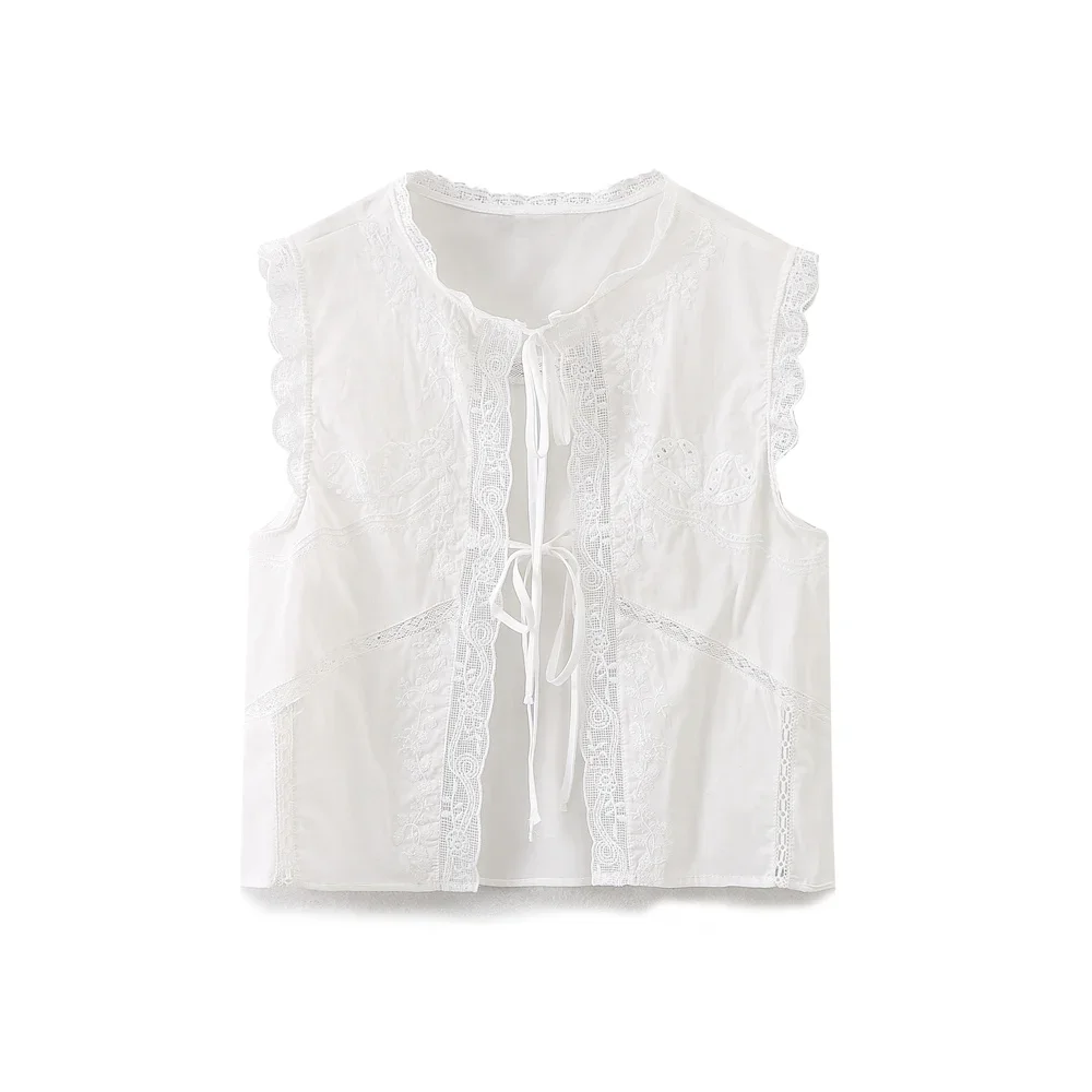 

Women's Summer Fashion Lace Embroidery Decoration Short Casual Vest Top Retro Sleeveless Lace up Women's Tank Top Chic Top