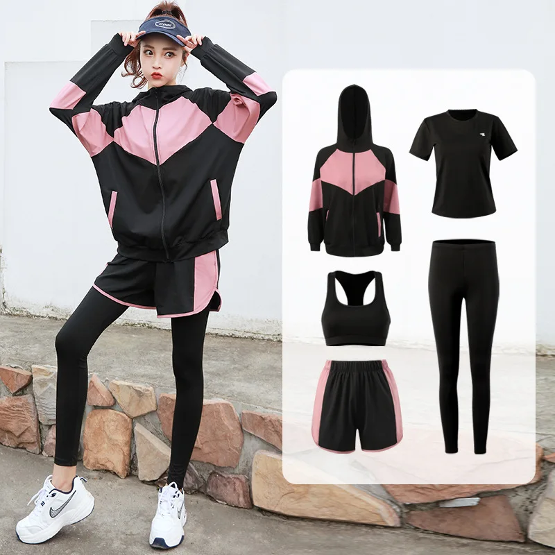 

Plus Size Yoga Wear Five-Piece Quick-Drying Elegant Fitness Clothes Korean Style Slimming Morning Running Gym Sports Suit for Wo