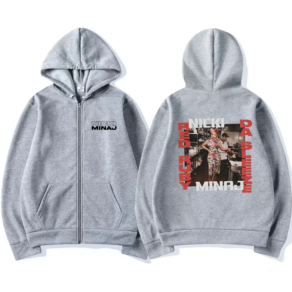 Rapper Nicki Minaj 2023 Music Album Red Ruby Da Sleeze Zipper Hoodie Men Women Vintage Hip Hop Sweatshirt Oversize Zip Up Jacket