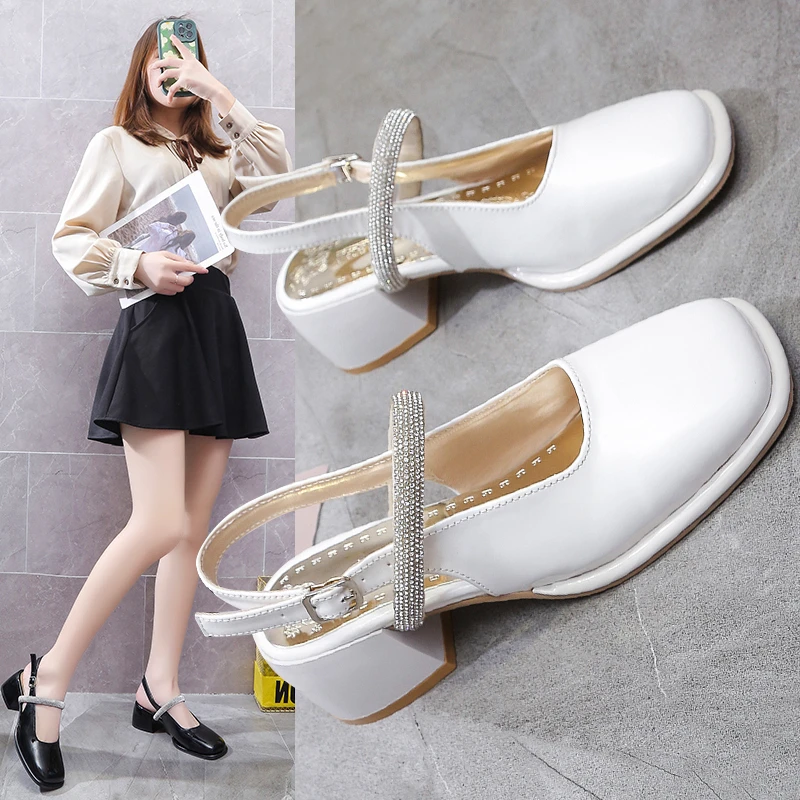 Spring Shoes Buckle Strap Med High Heel Sandal For Women Square Toe