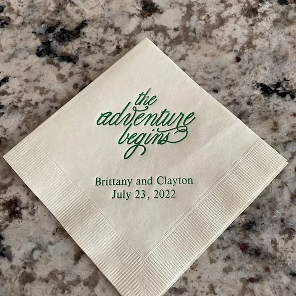 

The Adventure Begins Printed Wedding Napkins, Personalized Paper, Dinner Napkins, Cocktail Napkin, 50Pcs