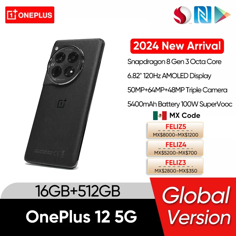 

OnePlus 12 Global Version 16GB 512GB Snapdragon 8 Gen 3 6.82'' 2K 120Hz AMOLED Display Screen 100W SuperVooc Charge