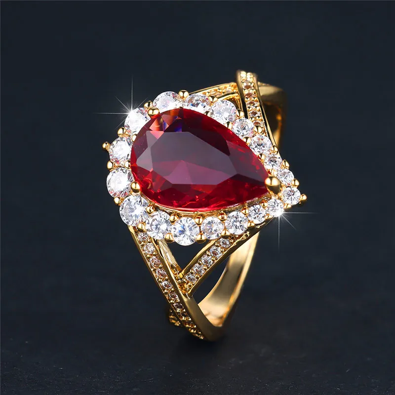 Luxury Female Red Water Drop Zircon Stone Engagement Ring Trendy Gold Color Bride Wedding Jewelry Gift For Women