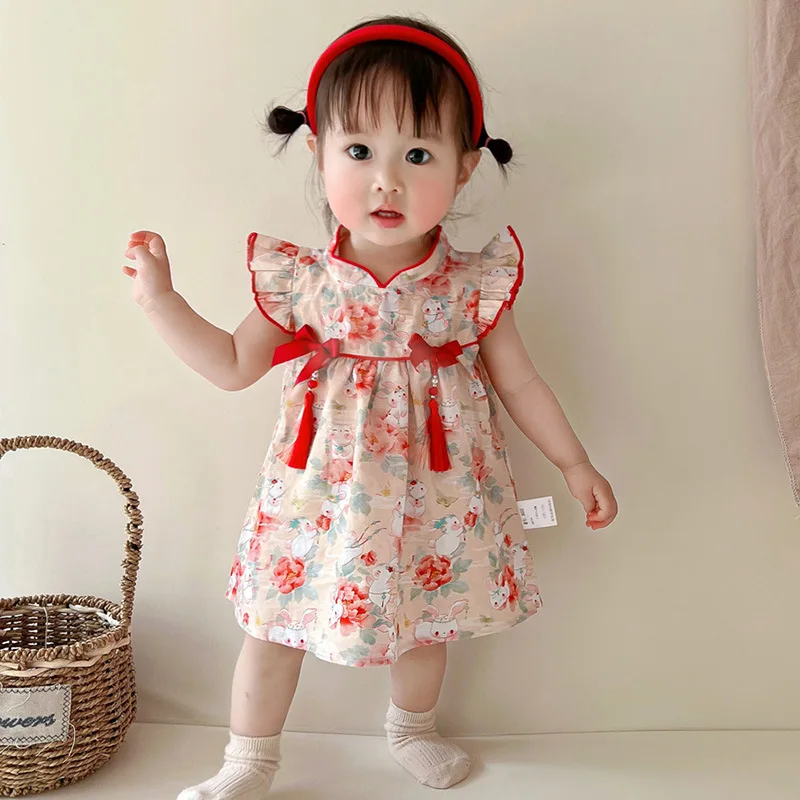 Baby Girl Dress Summer Rabbit Printed Cheongsam For Girl Kids Clothes