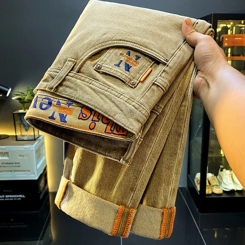 מתיחה אופנה חדשה רזה ג 'ינס לגברים אמריקאי מותג גבוה מותג מזדמנים בסגנון רטרו כותנה צדדי ג' ינס