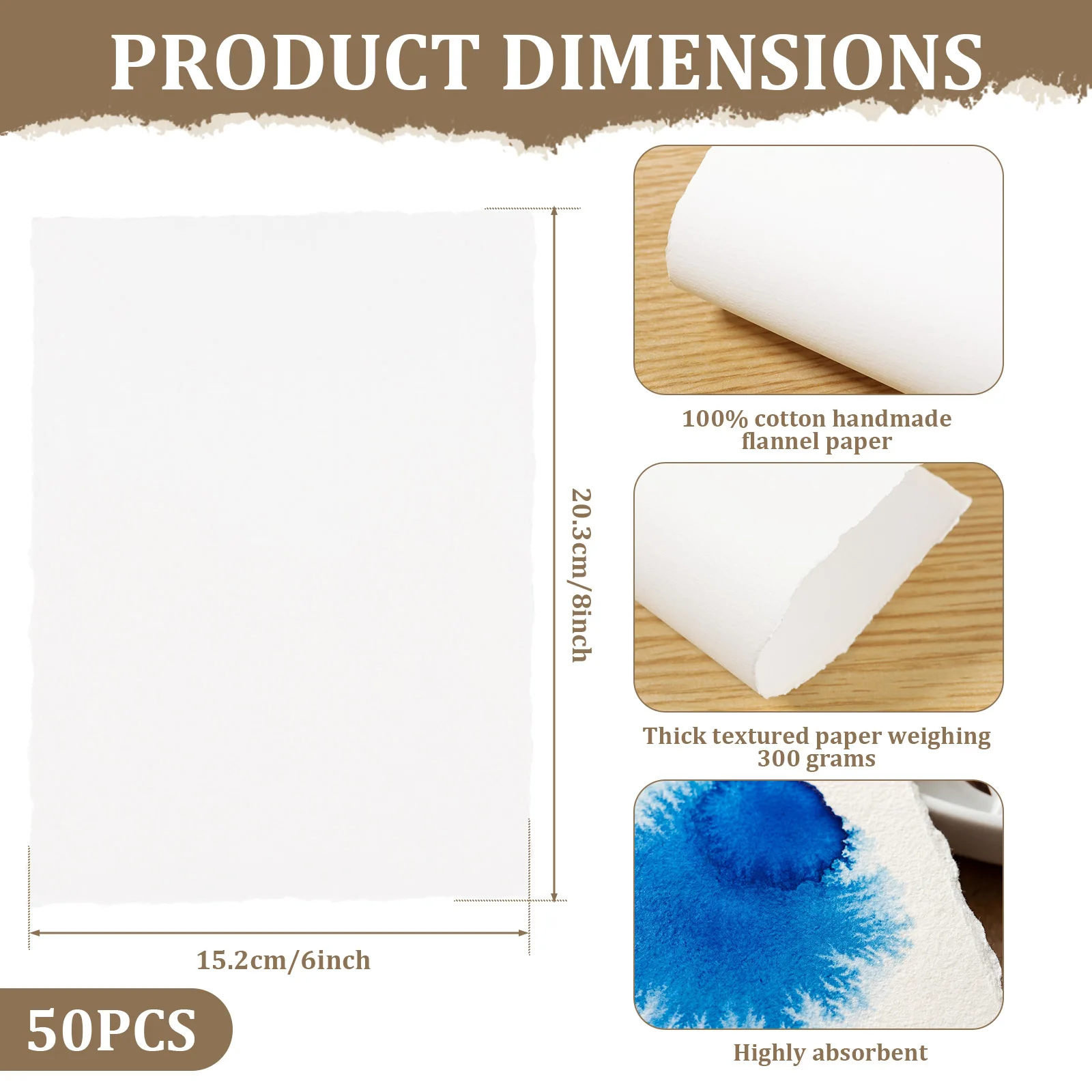 50매 수채화 용지 300gsm 수제 데클 엣지 두꺼운 질감 용지 4 x 6인치/6 x 8인치 수채화용 수제 용지