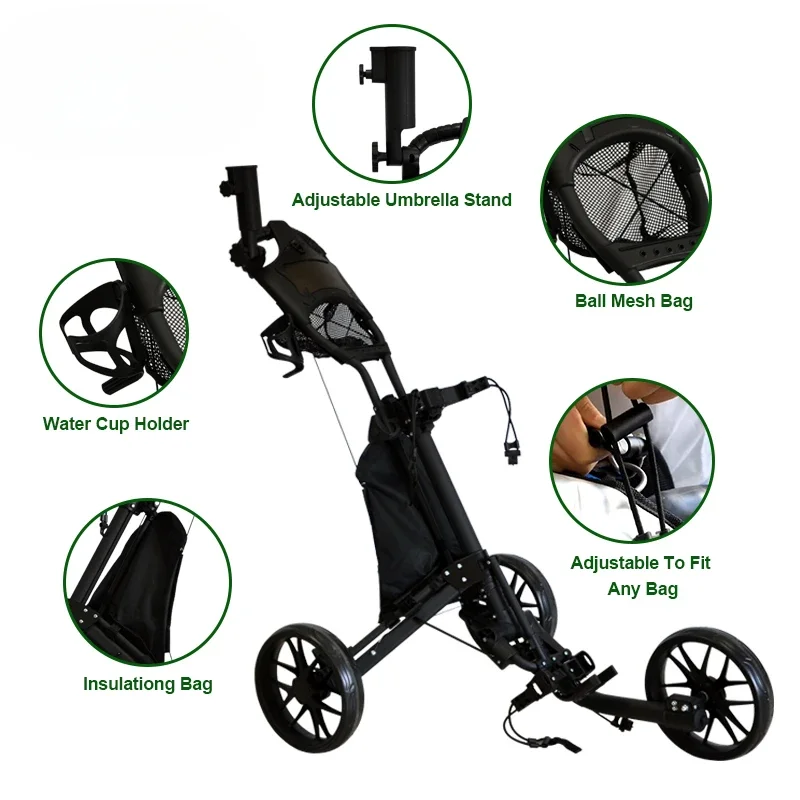 Hot Sale Golf Trolley 3 Wheels Aluminum Folding Height Adjustable, Waterproof Bag with Umbrella Stand