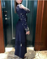 AsaNagi Navy Blue Satin Prom Dresses V Neck Crystal Button customized Formal Occasion Dress vestidos fiesta noche High Quality 1
