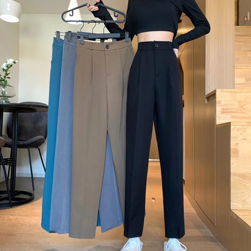 work pants 2021 New Korean Office Casual Suit Pants Women's High Waist Slim Straight Trousers Ladies Loose Drape Elegant Wide Leg Pants womens clothing