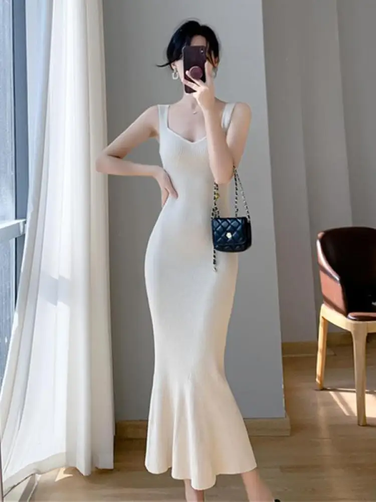 

Korea Summer New Women White Elegant V-neck Knit Slip Long Dress French Black Sexy Club Slim Prom Evening Party Fishtail Dresses