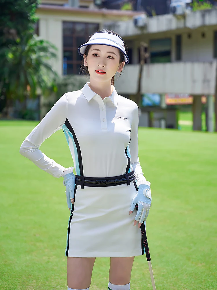 Golf Women's Polo Neck Long sleeved T-shirt Elastic Slim Fit Sports Short Skirt Anti glare