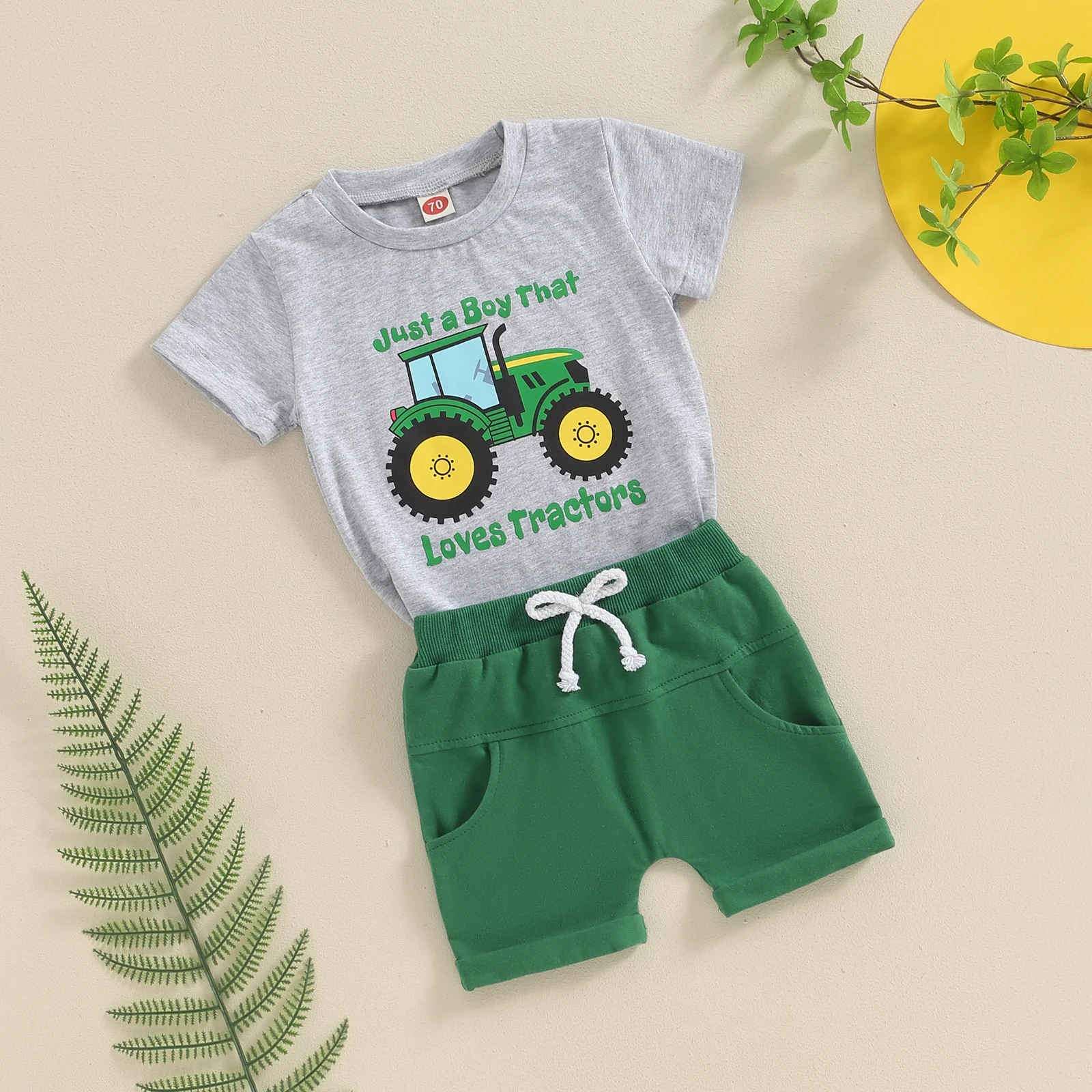FOCUSNORM 0-4Y Toddler Little Boys Summer Clothes Sets 2pcs Tractor Letter Print Short Sleeve Tops Elastic Waist Shorts