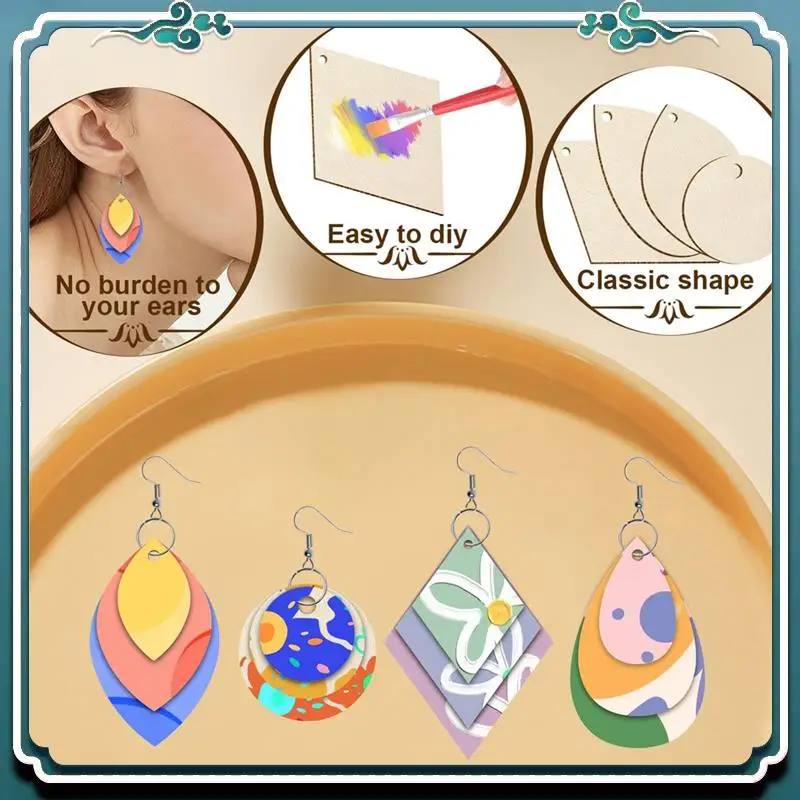 Premium 120Pieces Unfinished Wooden Earrings Blank Wood For Earring 4 Shapes For Wooden Earring With Hooks & Jump Rings