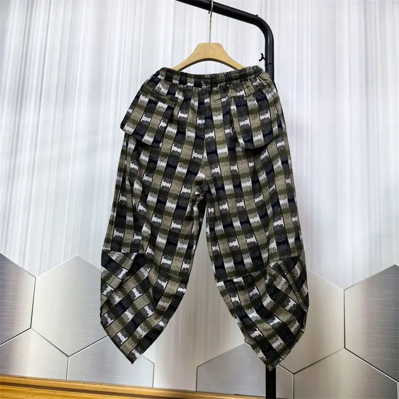 2024 Summer Men's Patchwork High Waited Elasticized Printed Pocket Drawstring Fashion Loose Comfortable Versatile Lantern Pants