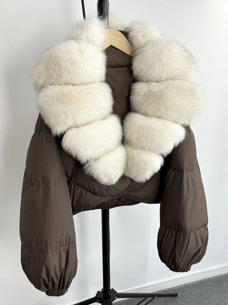 Janveny Real Fur Coat Women Luxury 2024 Winter 90% White Duck Down Jacket Super Big Natural Fox Fur Collar Female Puffer Parkas 6