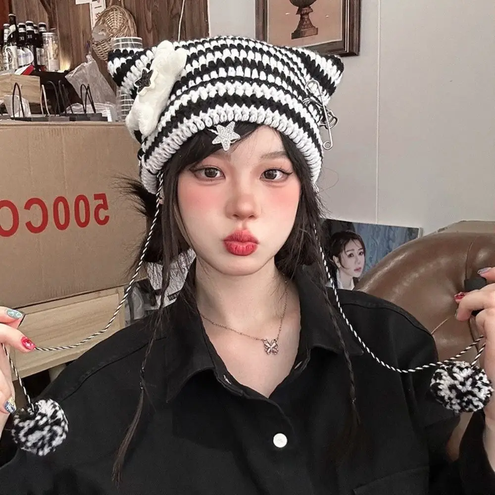 

Striped Cat Ear Hairball Beanies Y2K with Pompom Autumn Winter Knitted Cap Women's Hats Casual Cap Beanie Hat Unisex