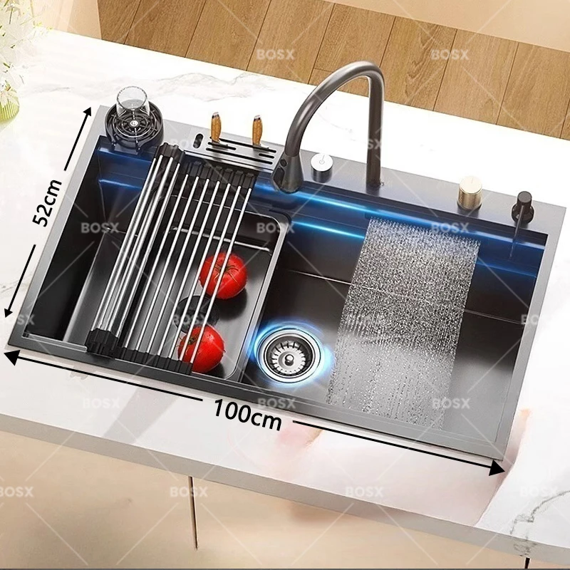 Stainless Steel Waterfall Kitchen Sink Extra Large Single Slot Multifunctional Dishwashing Sinks Undermount Basin Cup washer kitchen accessories,kitchen sink