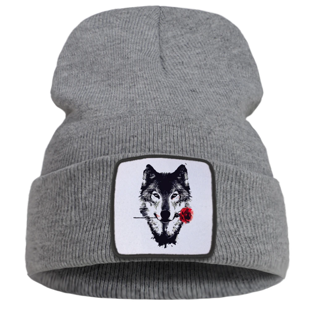 

Rose Flower Wolf Creative Ski Bonnet Caps Sports Thick Knitted Cap Unisex Hot Sale Beanie Hats Wool Warm Cotton Skullies Hat