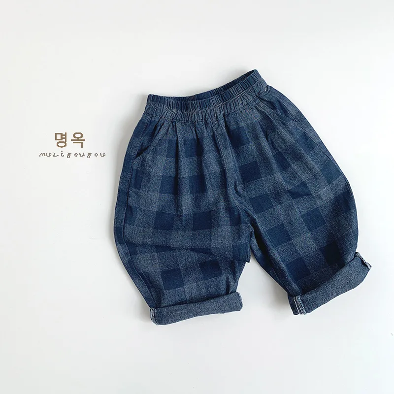 Children's Denim Checkered Pants for Spring 2025, New for Boys and Girls, Korean Version, Japanese Casual Wear, Versatile Pants