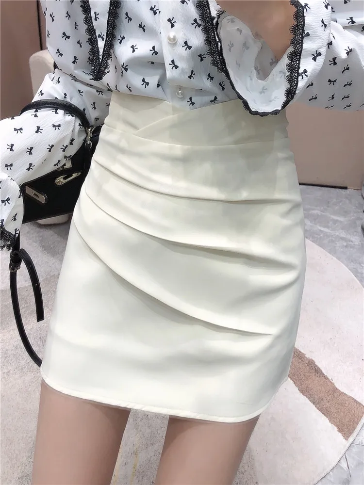 Elegant Black Pleated Mini Skirts Summer 2022 New Side Zipper Party High Waist Sexy Pencil Skirt Korean Fashion Clothing White brown skirt