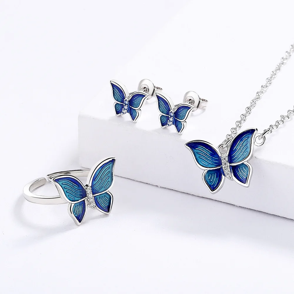 925 Sterling Silver Creative Micro-Enamel Blue Butterfly Wings Necklace Three-piece Jewelry Women's Suit Party Birthday Gift