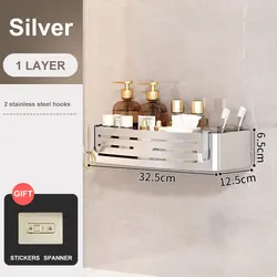 Bathroom Corner Shelf with Towel Bar and No-Drill Aluminum Shower Storage Rack (B silver)
