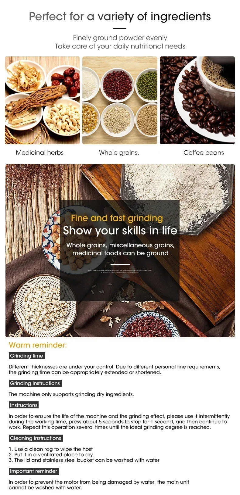 Description Picture 2 of itemStainless Steel Electric Coffee Bean Grinder Nut Seed Herb Grind Spice Crusher Mill Blender With 4 Blades