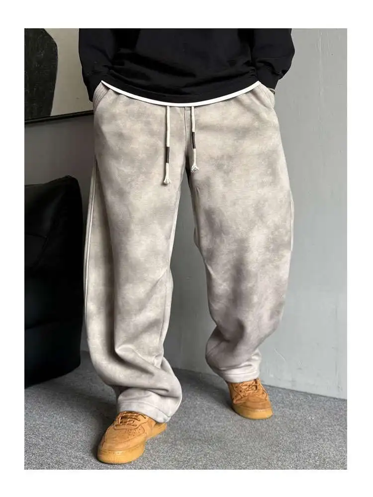 Große Herren Herbst und Winter schwere Retro alte schmutzige Toilettenhose gerade lose Kordelzug Hose mit weitem Bein – Detail 7