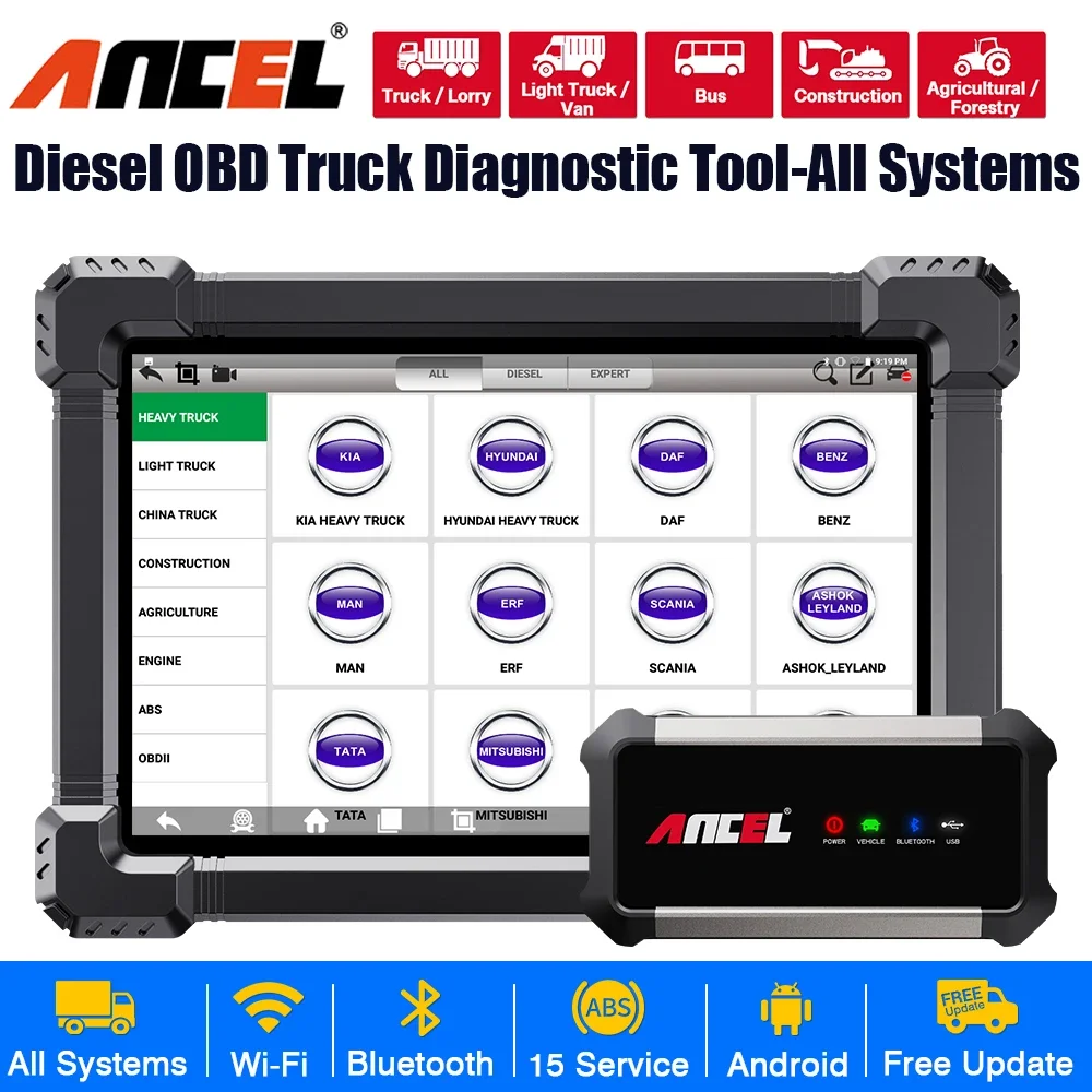Ancel X7 Hd Heavy Duty Truck Diagnostic Tool Tpms D-P-F Regen Abs Sas Ecu Oil Reset Sistema Completo Obd2 Truck Scanner 24V/12V Cars