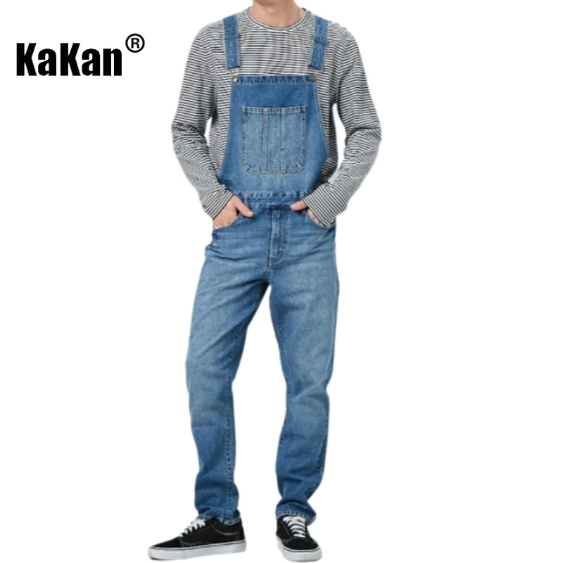 Kakan - European and American New Strap Pants, Strap Jeans, Dark Blue Light Blue Men's Jumpsuit Pants K74-0037