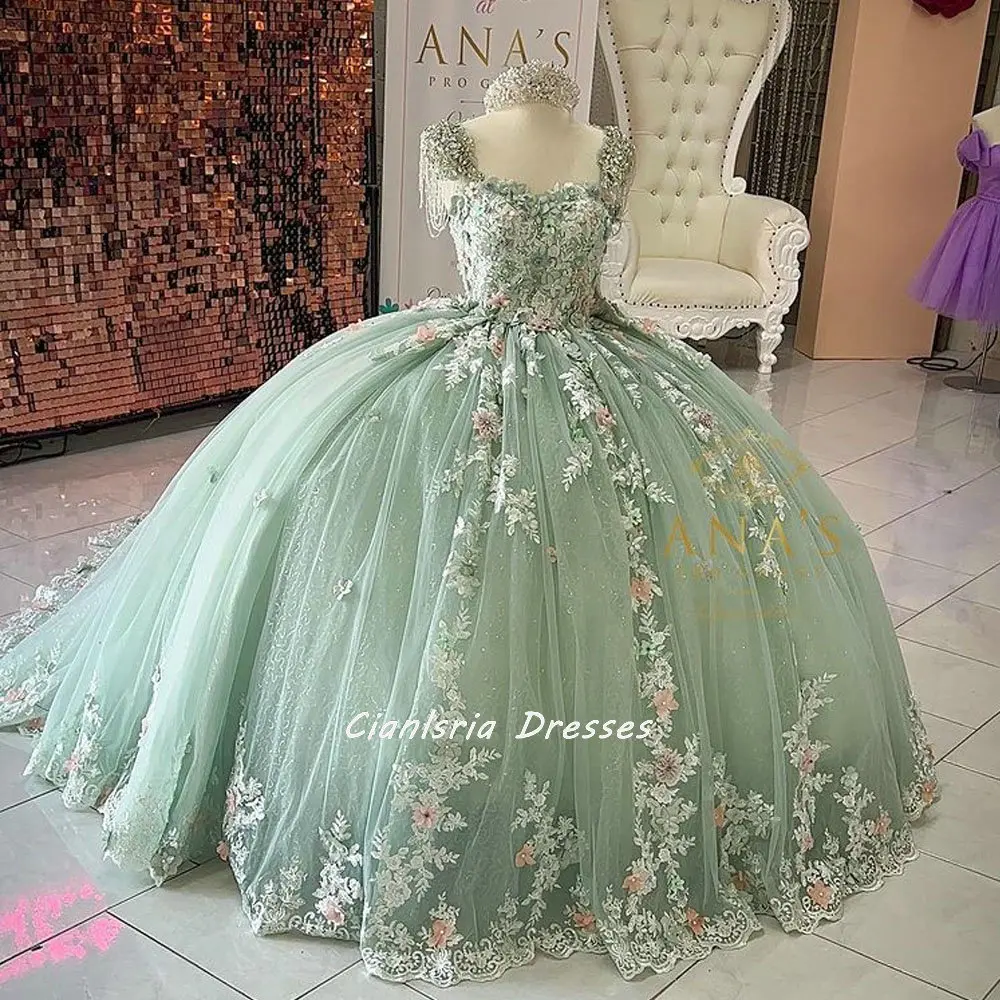 

Mint Green Beading Tassel Quinceanera Dress lace-up corset Off Shoulder 3D Flowers Appliques Corset Sweet 15 Vestidos De XV Años