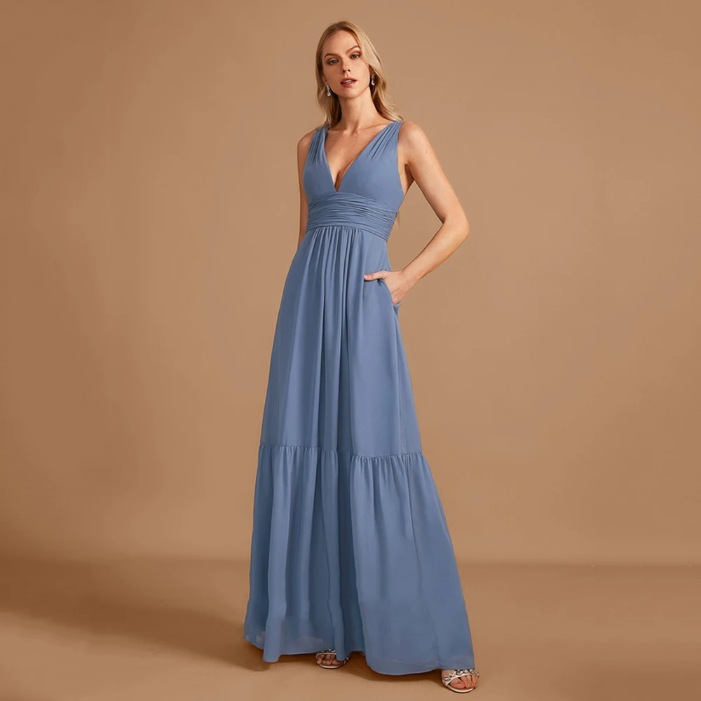 A-Line Sweethear Sleeveless Bridesmaid Dresses Simple Floor-Length Prom Gown Elegant Backless Pleat Chiffon Women