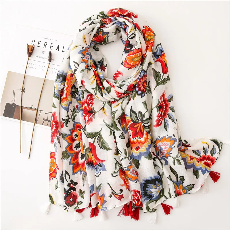 Women Multicolor Print Tassel Scarf