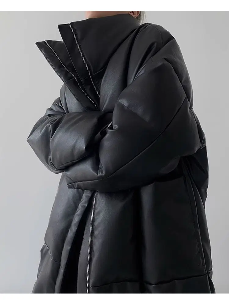 Winter Long Pu Leather Down Jacket Female Black Thick Warm Cotton Parka Outwears Women White Duck Down Knee Length Down Jackets