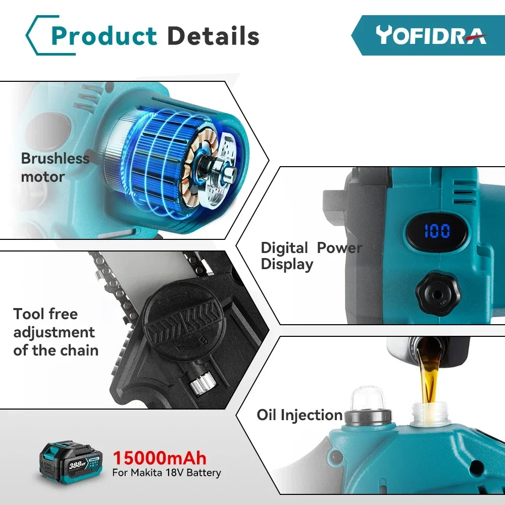 YOFIDRA 8 Inch Brushless Electric Chainsaw With Digital Display Cordless Woodworking Pruning Power Tool For 18V Battery