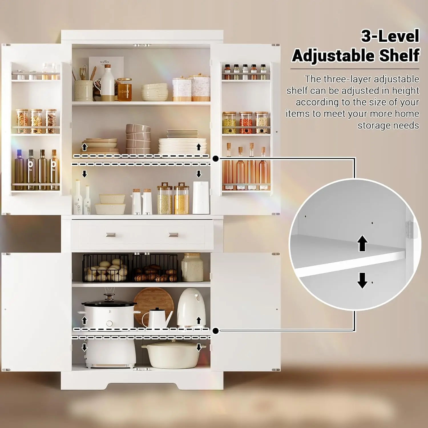 72" Tall Kitchen Pantry Storage Cabinet, Kitchen Storage Cabinet with a Large Drawer, 2 Cabinets, 6 Door Shelves for Kitchen