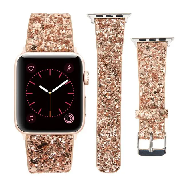 2021 Leather Band for Apple Watch 38mm 40mm Women Bling Diamond 42mm 44mm Genuine Shiny Glitter Strap IWatch Series 6 5 4 3 2 1 Golden 1