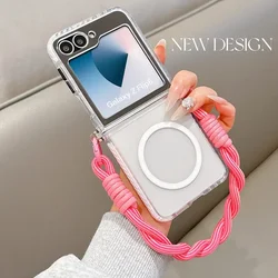 Magnetic Phone Case with Wrist Strap - Transparent Cover for Samsung Galaxy Z Flip 5 (White)